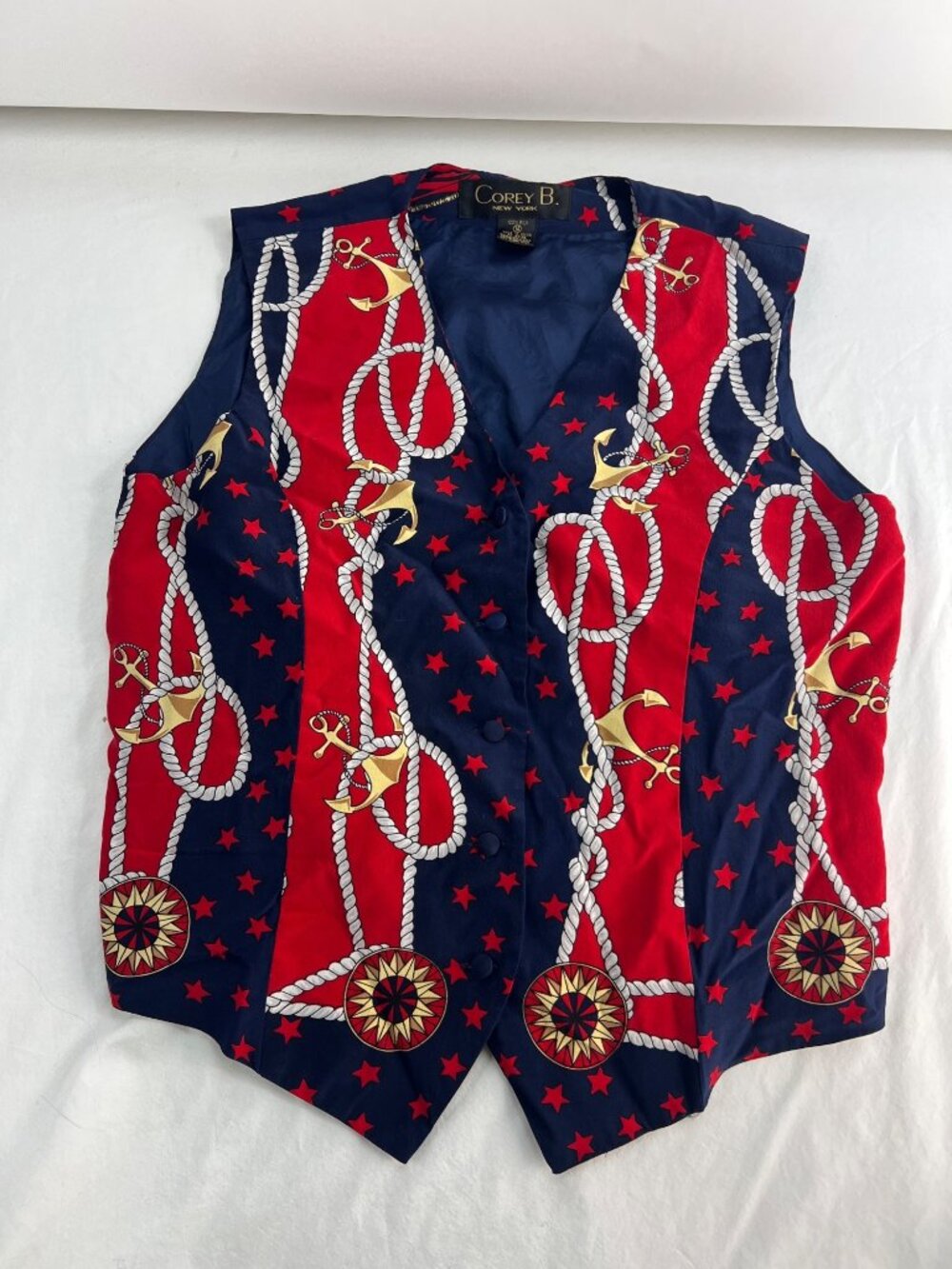 Corey B. Nautical Print Vest Anchors & Stars 100% Silk  Sz 14  Red & Navy Blue